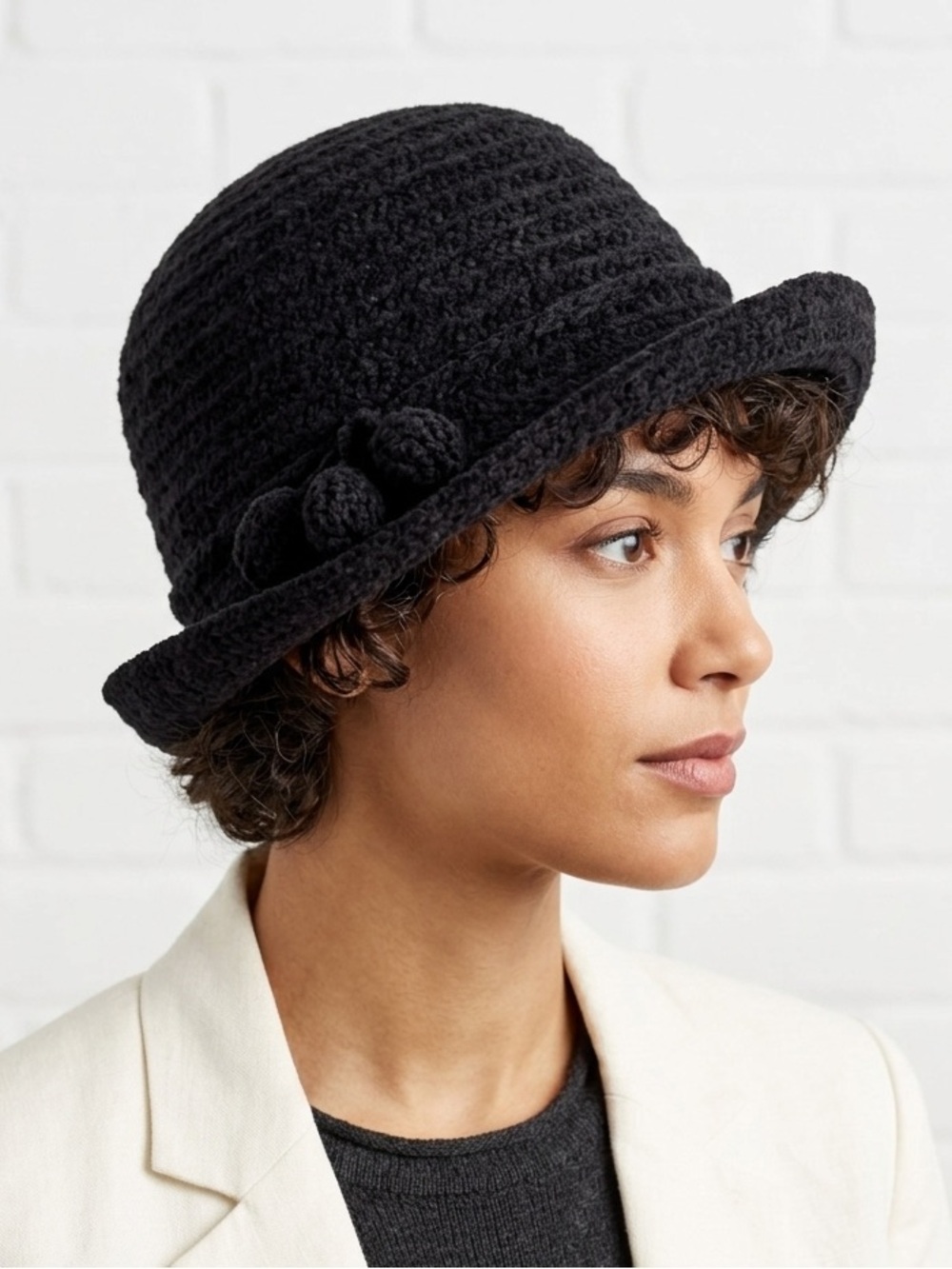 Vintage ETMAR New York Black Cloche Hat Pom Pom Winter Cottagecore